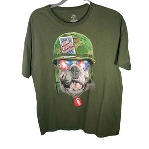 Patriotic Bull Dog Military Helmet T-Shirt Stars Stripes & Winning Fights Green